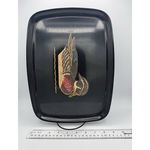 Couroc Wood Duck Large Decorative Tray 12.5" Mid Century Inlaid Brass Resin VTG - Picture 8 of 8